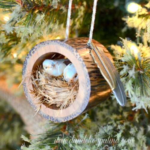 Rustic Log Bird Nest Ornament