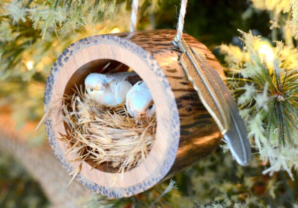 rustic log bird nest ornament