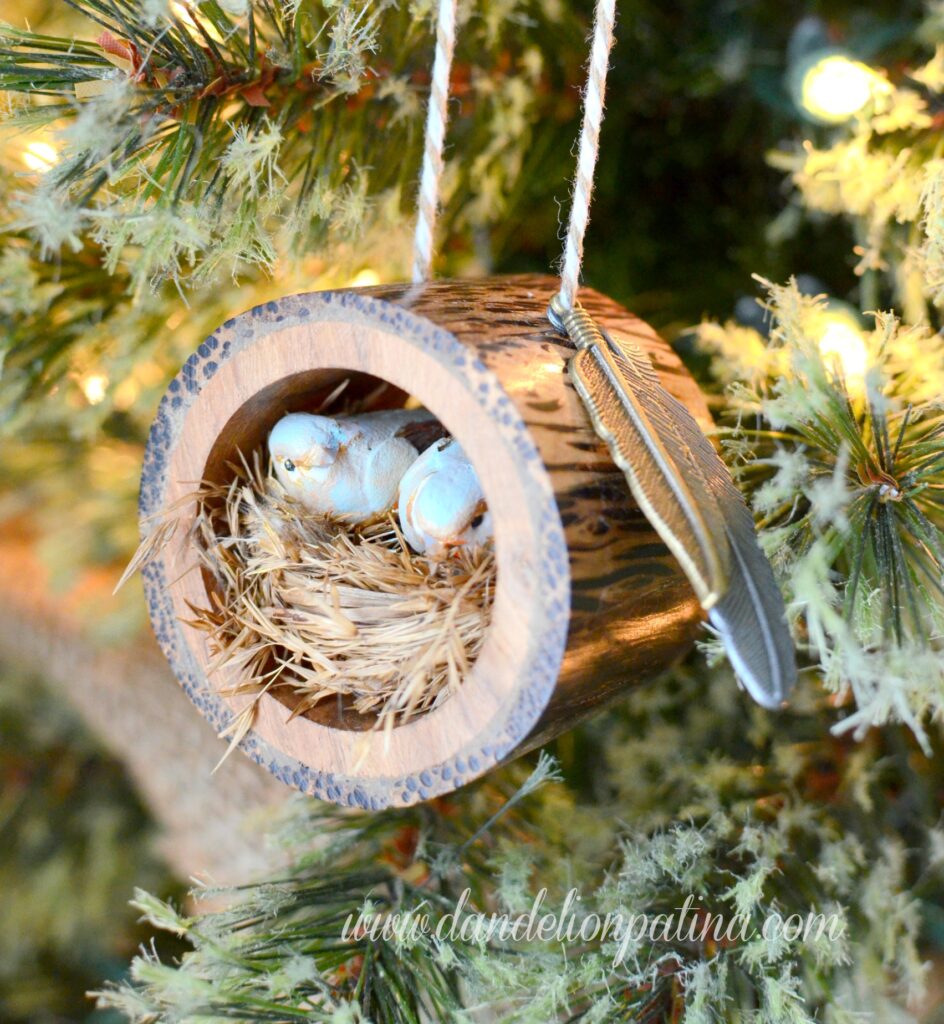 rustic log bird nest ornament