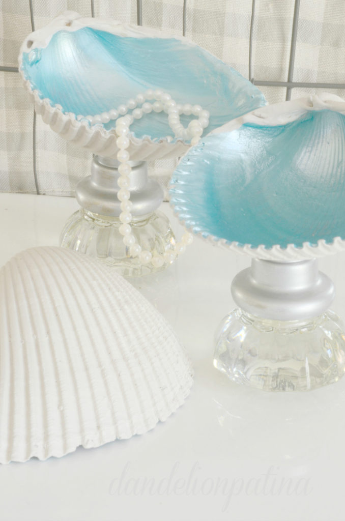 Create unique jewelry bowls from seashells and vintage glass knobs to hold your favorite baubles in by Dandelion Patina