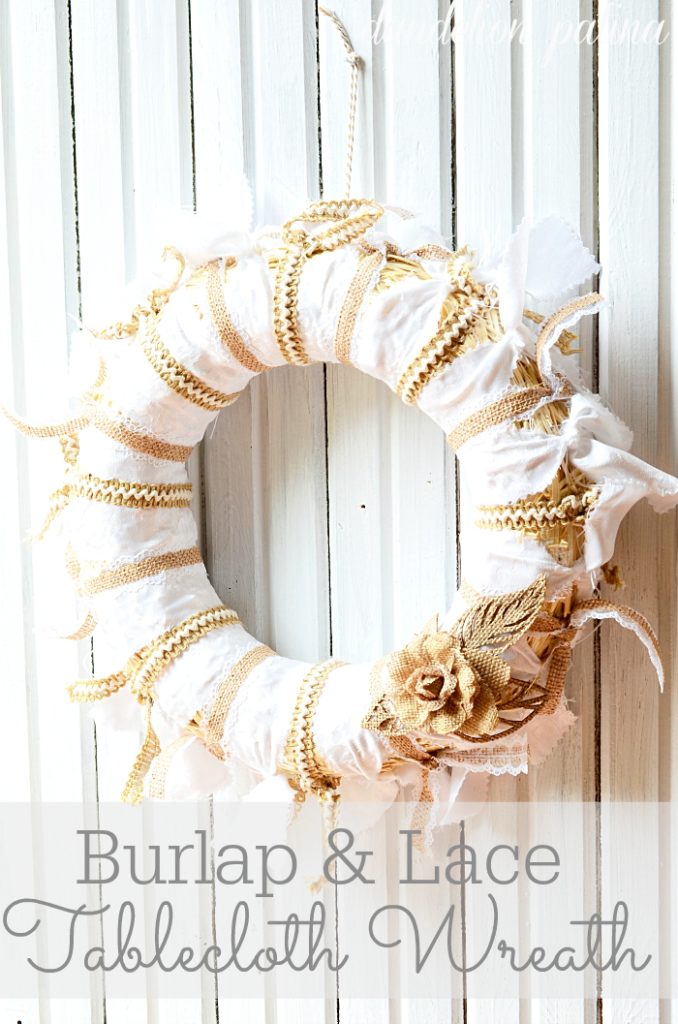 ARE YOU A LOVER OF BURLAP? This is an amazing project! Combine burlap, lace, and a white tablecloth to create this unique rustic and feminine wreath for your home decor. Project via dandelionpatina.com